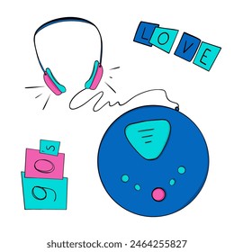 90s aesthetic. Vintage elements. CD player and headphones. Doodle style. Hand drawing. Vector