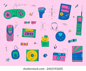 90's aesthetic. Vintage elements. Electronics, gamepads, audio and other elements. Doodle style. Hand drawing. Vector