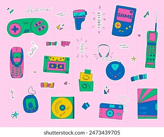 La estética de los 90. Elementos Antiguas. Electrónica, gamepads, audio y otros Elementos. Conjunto de pegatinas. Estilo Doodle. Dibujo a mano. Vector