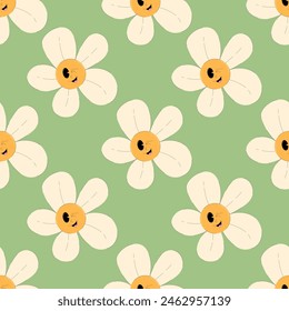 90s aesthetic. Vintage seamless pattern Y2K style. Flower character with eyes and smile face. Retro vector illustration
