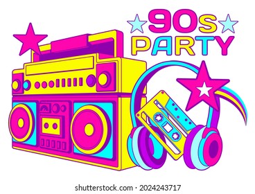 90s audio banner with workspace, typography, quote. Disco sound, poster party template. Pop music background