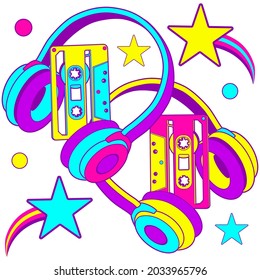  90s Audio Seamless Pattern. Colorful Radio  Background Wallpaper With Headphones, Cassette.