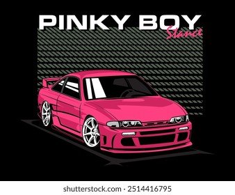 Diseño automotriz de los años 90 para tees con color de coche rosa y fondo rayado junto con texto