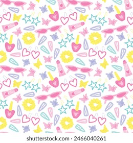 90s background with retro fashion objects. Vector seamless pattern design