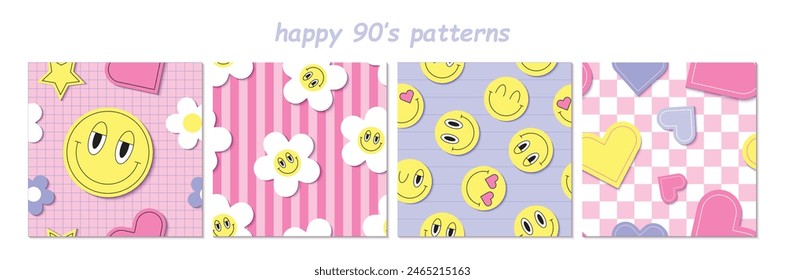 Fondos de los años 90 con pegatinas. Vector de estilo retro patrones sin fisuras colección