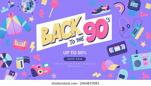 90s banner. Bright multicolour hand drawn lettering and elements. Vector illustration in trendy flat style