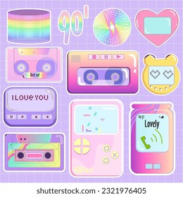 Juego de stickers grandes de los 90. Neon vieja estética informática. Elementos retro de pc, interfaz de usuario, cámara, infancia, cinta, juegos 90 iconos en el moderno estilo retro y2k. Nostalgia por vector de los años 90-2000
