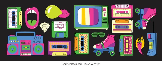 90's Big sticker set. Retro pc elements, user interface, camera, childhood, tape, game 90 icons in trendy y2k retro style. Nostalgia for 1990s -2000s vector illustrations