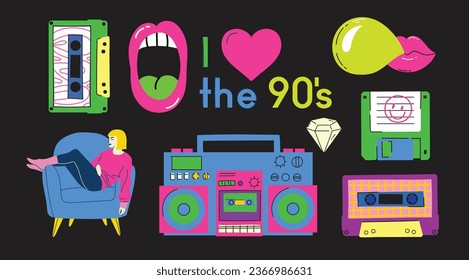 Juego de stickers grandes de los 90. Elementos retro de pc, interfaz de usuario, cámara, infancia, cinta, juegos 90 iconos en el moderno estilo retro y2k. Nostalgia de ilustraciones vectoriales de los años 90-2000