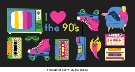 Juego de stickers grandes de los 90. Elementos retro de pc, interfaz de usuario, cámara, infancia, cinta, juegos 90 iconos en el moderno estilo retro y2k. Nostalgia de ilustraciones vectoriales de los años 90-2000