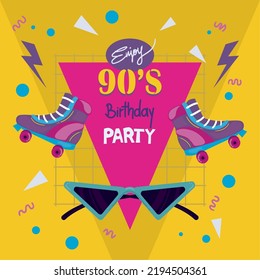 90s birthday illustration with rollerskates and sunglasses