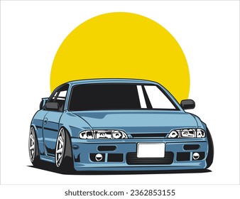 90s blue car with coupe design in nostalgic illustration graphic