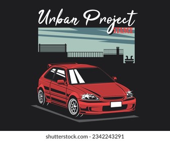 90s car design vector with sky and roof top background illustration graphic