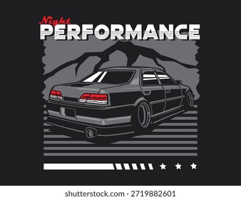 Ilustración del coche de los años 90 con el fondo y el texto para el gráfico del Vector