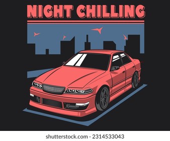 90s car illustration design vector with red coloring design graphic