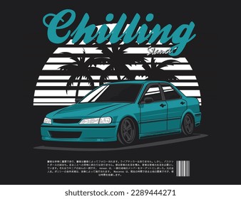 90s car and sunrise tree background vector illustration for t-shirt design idea