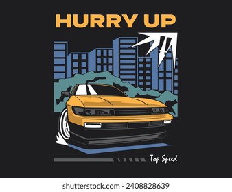 90s car vector with city landscape backdrop along with text illustration graphic