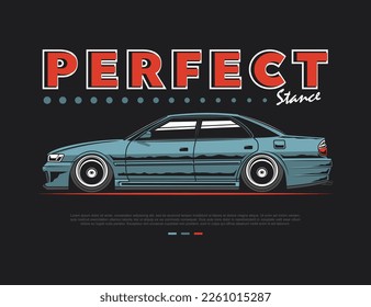 90s car vehicle in side appearance vector illustation with blue tone and perfect text design grahic