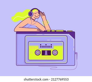 90s Cartoon Rave Girl In Headphones  Listen To The Music On Vintage Cassette Player