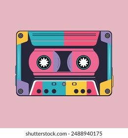 90s cassette. Y2k retro audio tape. Bright multicolour hand drawn object. Vector illustration in trendy flat style