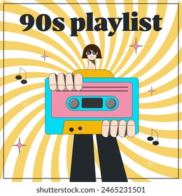 90s character, girl with a cassette tape. Vector illustration in trendy cartoon style. Twisted retro background, music playlist cover design.