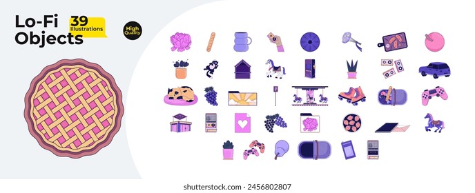 90s chillout 2D linear cartoon objects bundle. Picnic food, flowerpots isolated line vector items white background. Video game game sports equipment color flat spot illustration collection