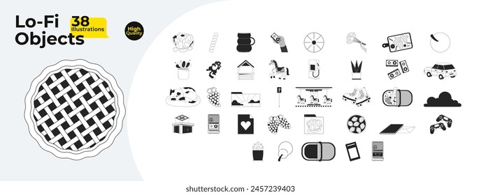 90s chillout black and white 2D line cartoon objects bundle. Picnic food, flowerpots isolated vector outline items collection. Video game game sports equipment monochromatic flat spot illustrations