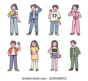 From the 90's. A collection of characters in the 90's fashion style. Cute illustration design with outline.