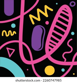 El doodle de color del diseño de líneas vectoriales abstractas coloridas de los años 90 es un fondo de patrón sin fisuras. Diseño de fondo infantil y chiringuito a la moda con formas básicas. 