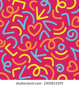 90s colorful seamless pattern squiggle fun. Decorative abstract colorful line doodle seamless pattern on magenta background