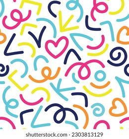 90s colorful squiggle kid seamless pattern. Decorative abstract colorful line doodle seamless pattern