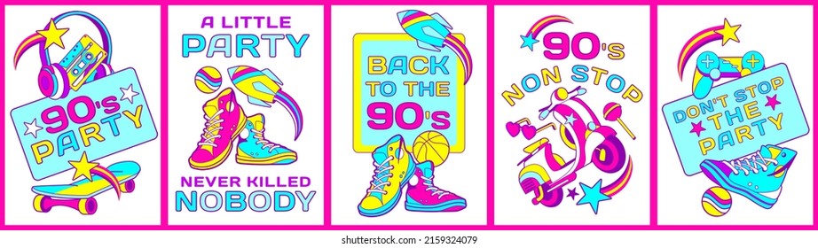 90s cool pop set of posters, banners, music party invitation, and graffiti style prints with fun slogans: "Back to the 90's", "90's non stop".Street art items like: gumshoes, skateboard, headphones