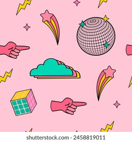 90s cute elements collection. Disco ball, cloud, hand. Retro pink color seamless pattern in doodle style. 