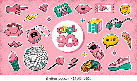 90s cute elements collection. Vector set of retro stickers on pink background.