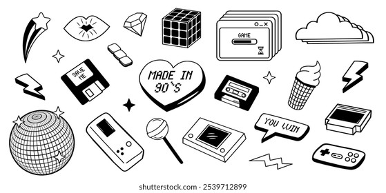 90s conjunto de elementos bonitos. Jogos retrô, gadgets, símbolos da geração 90. Coleção de vetores de cores pretas no estilo de rabiscar. 