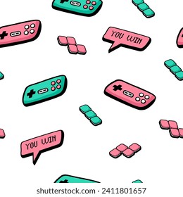 90s cute icons collection. Retro game color seamless pattern in doodle style.