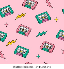 90s cute icons collection. Retro music tape color seamless pattern in doodle style.