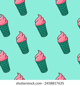 90s cute retro color seamless pattern in doodle style. Ice cream vector background.