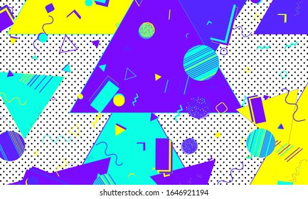90s design. Geometric shapes background. Memphis pattern. Vector Illustration. Hipster style 80s-90s. Abstract colorful funky background.