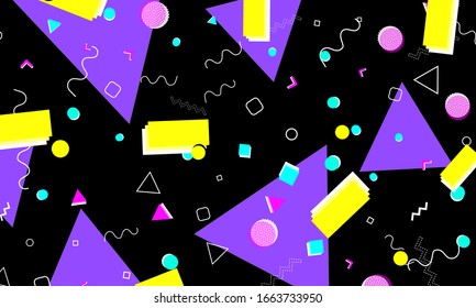 Diseño de los años 90. Fondo de formas geométricas. Patrón Memphis. Ilustración vectorial. Estilo Hipster 80s-90s. Antecedentes coloridos y divertidos.