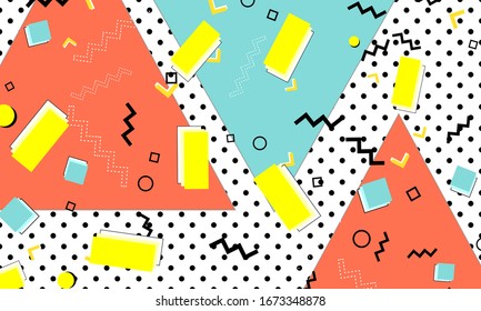 90s design. Geometric shapes background. Memphis pattern. Vector Illustration. Hipster style 80s-90s. Abstract colorful funky background.