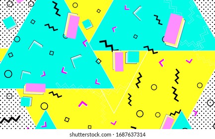 90s design. Geometric shapes background. Memphis pattern. Vector Illustration. Hipster style 80s-90s. Abstract colorful funky background.