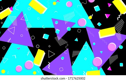 90s Design. Geometric Shapes. Memphis Background. Abstract Fun Design. Memphis Pattern. Vector Illustration. Hipster Style 80s-90s. Fun Pattern. Abstract Colorful Funky Background.