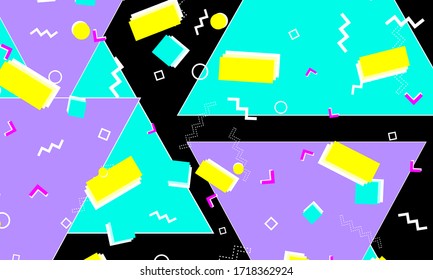 90s Design. Geometric Shapes. Memphis Background. Abstract Fun Design. Memphis Pattern. Vector Illustration. Hipster Style 80s-90s. Fun Pattern. Abstract Colorful Funky Background.