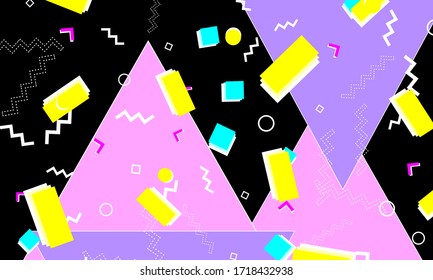 90s Design. Geometric Shapes. Memphis Background. Abstract Fun Design. Memphis Pattern. Vector Illustration. Hipster Style 80s-90s. Fun Pattern. Abstract Colorful Funky Background.