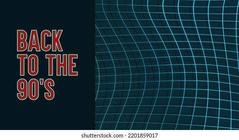 90's design with a neon style. Dark background with holographic shape, retro, color, banner
