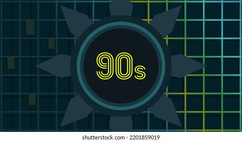 90's design with a neon style. Dark background with holographic shape, retro, color, banner