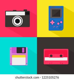 90s device icons on colorful background