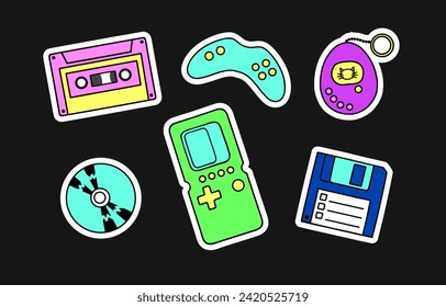 90s Devices Nostalgic Stickers Set. Retro gadgets for video games, console games, data storage devices. 1990s 00s style hand drawn vector illustration