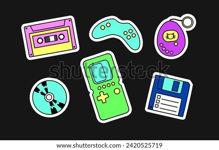 90s Devices Nostalgic Stickers Set. Retro gadgets for video games, console games, data storage devices. 1990s 00s style hand drawn vector illustration